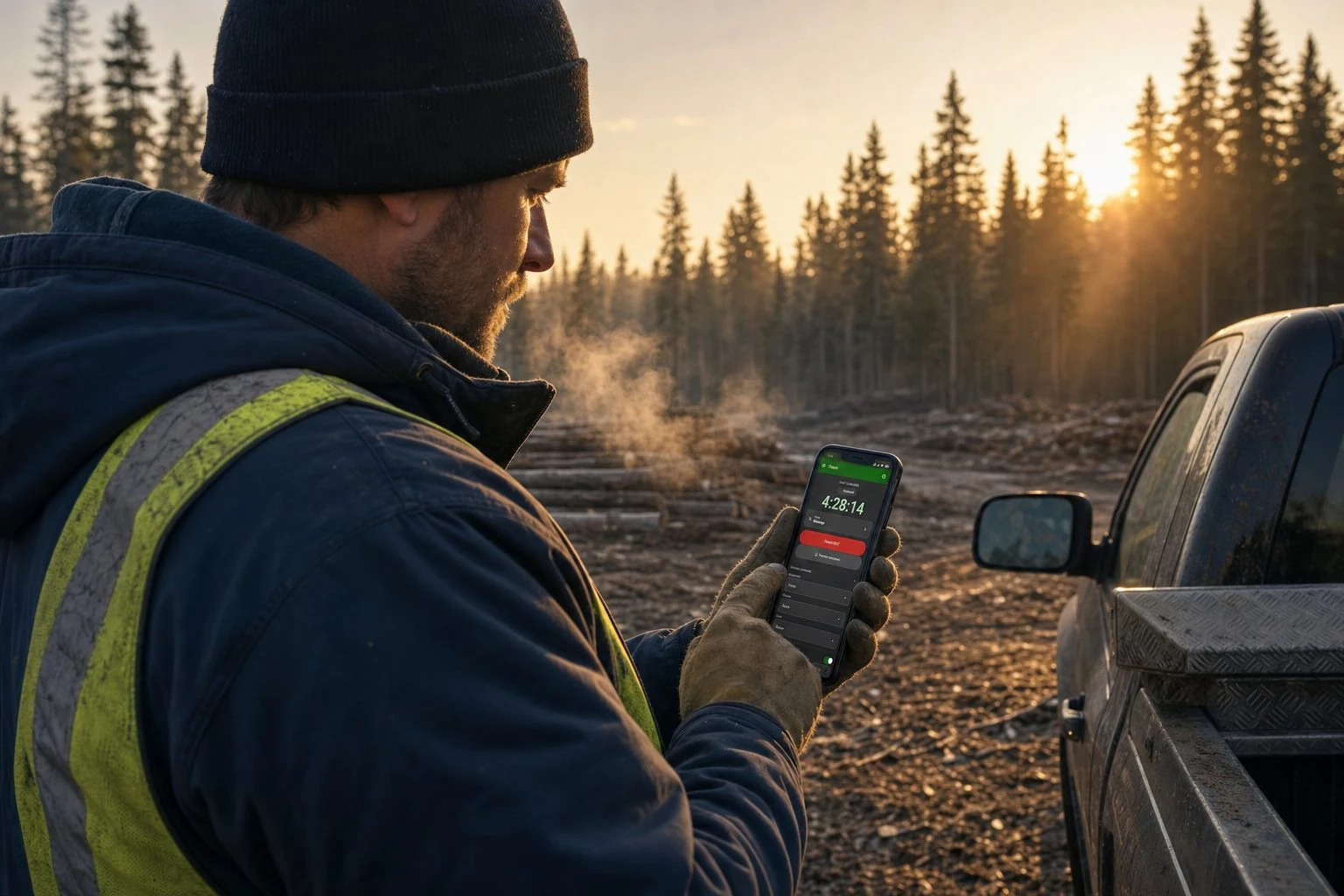 A forestry operator clocks in on his phone at the job site at dawn