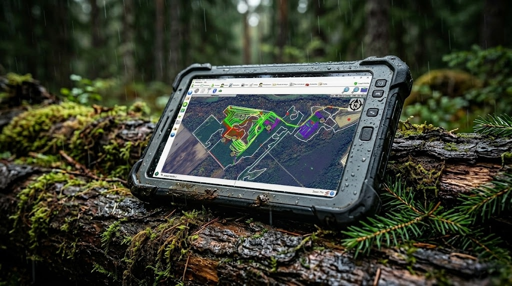 Rugged tablet running ForestLogix 4.0 in forest environment