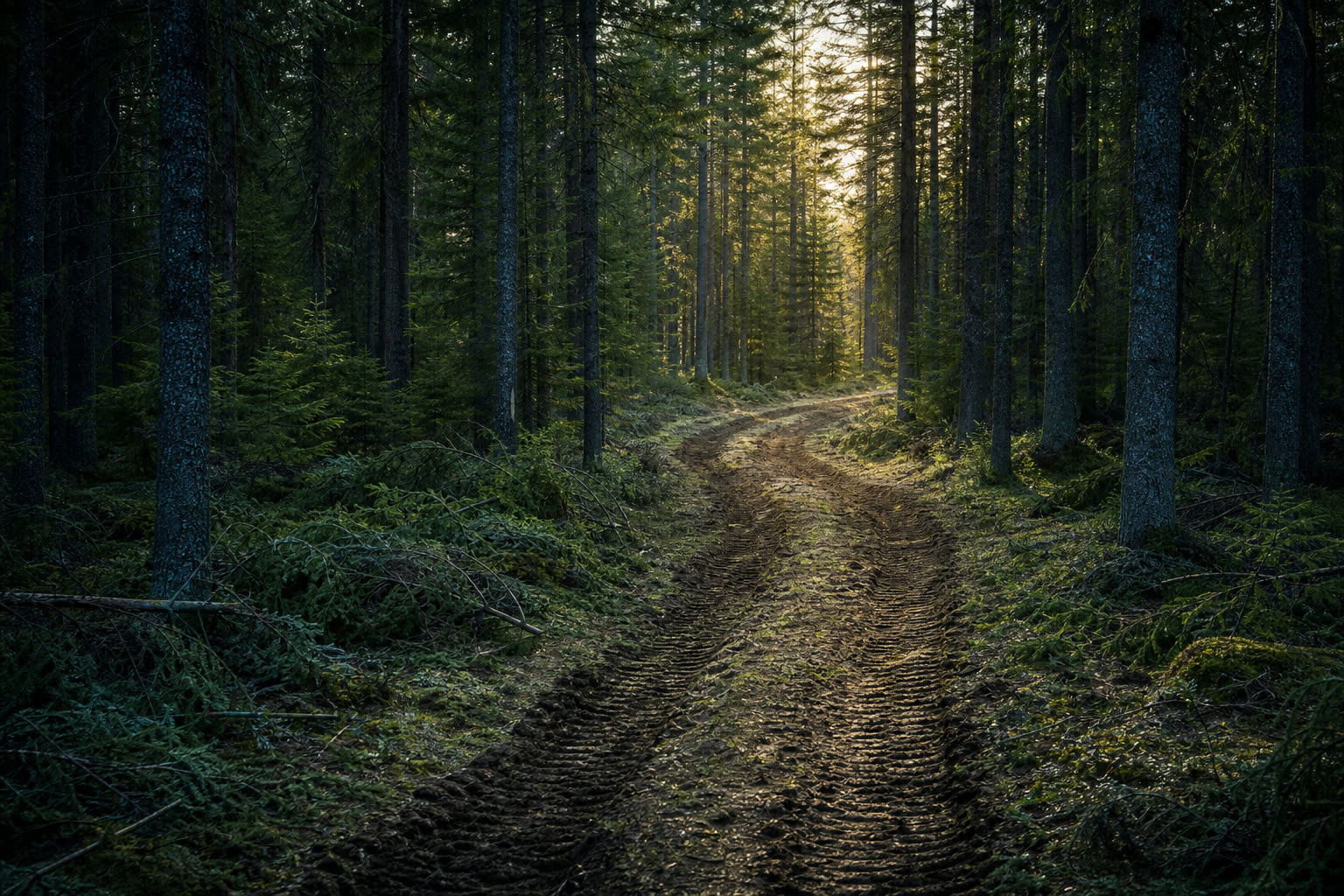 A well defined skidding trail winding between standing mature spruce in the boreal forest, in late afternoon sunlight