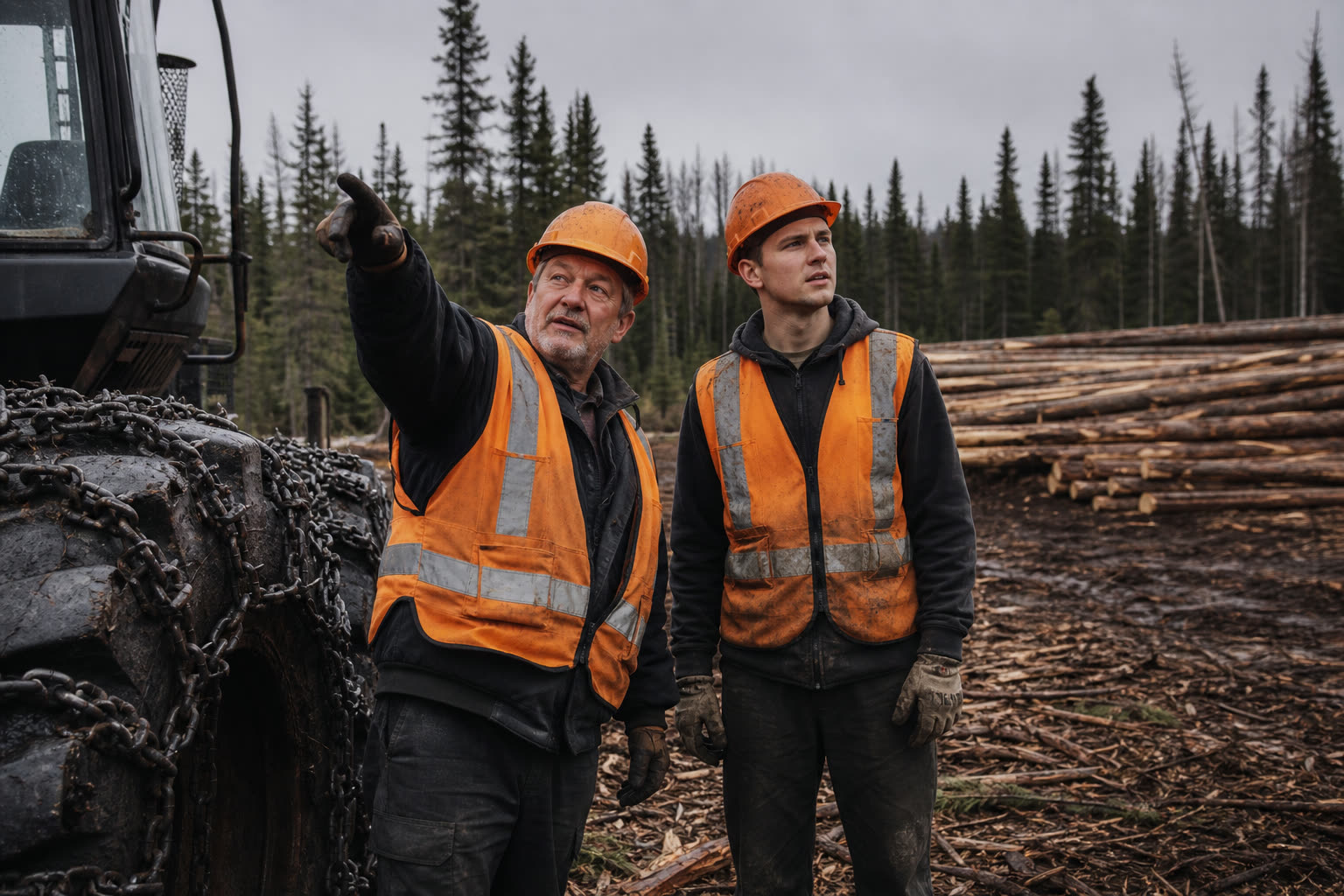 An experienced forestry worker points out a direction to a younger operator at the edge of a cut block, next to a forwarder tyre fitted with chains. Stacked logs in the background.