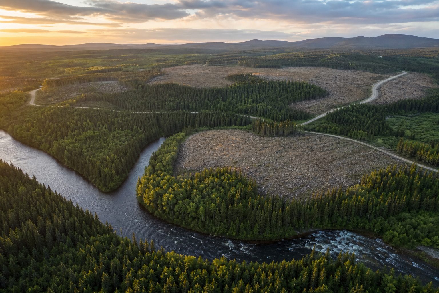 Vue aérienne d'une forêt boréale québécoise au coucher du soleil avec blocs récoltés, chemins forestiers et une rivière bordée d'une bande riveraine boisée préservée