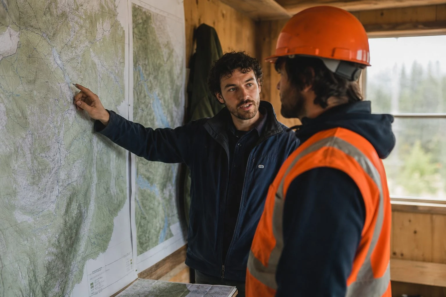 Une ingénieure forestière montre une carte topographique à un travailleur en dossard orange dans un bureau de terrain