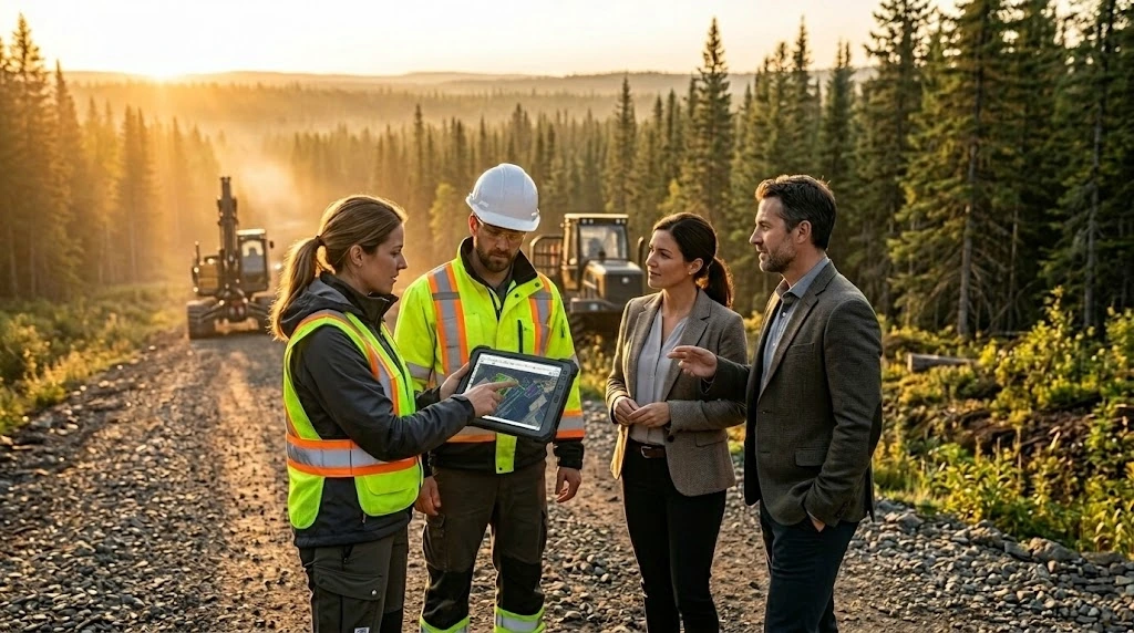 Équipe d'entrepreneurs forestiers en réunion de planification terrain
