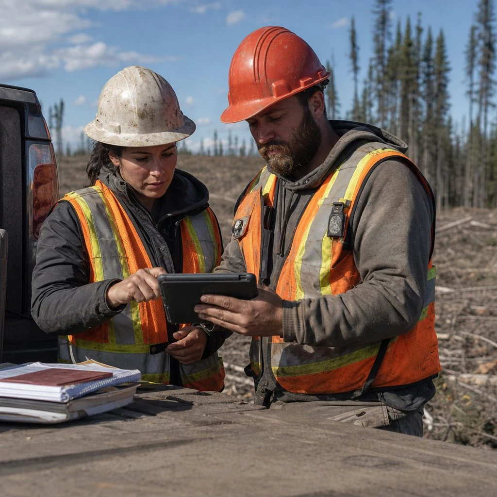 Une ingénieure forestière et un contremaître en dossard orange et casque de sécurité consultent une tablette sur le hayon d'un pickup, en bordure d'un parterre de coupe, avec la forêt boréale en arrière-plan